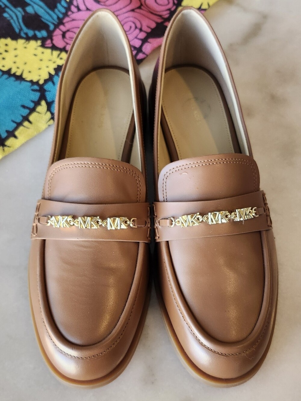 Authentic Michael Kors Dina Cognac Leather Loafers with Signature Gold MK Chain